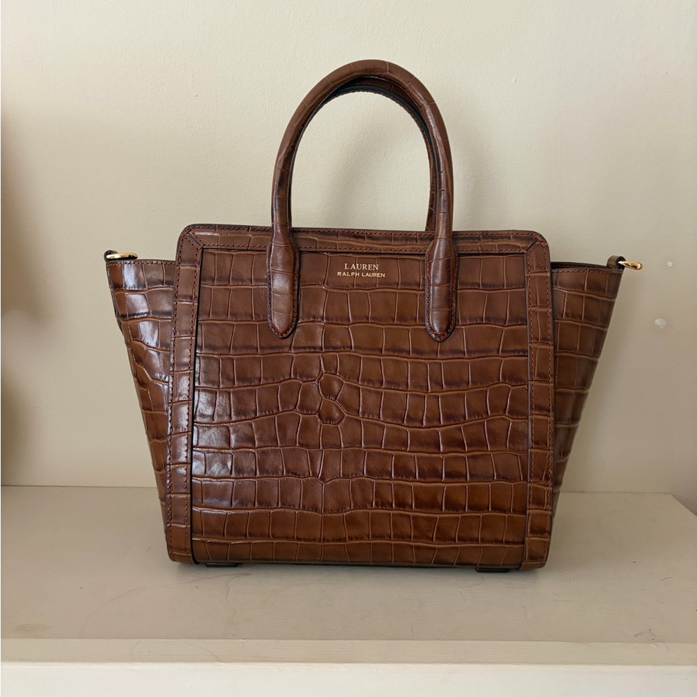 NWOT Lauren Ralph Lauren Croc-Embossed Brown Leather Top-Handle Satchel